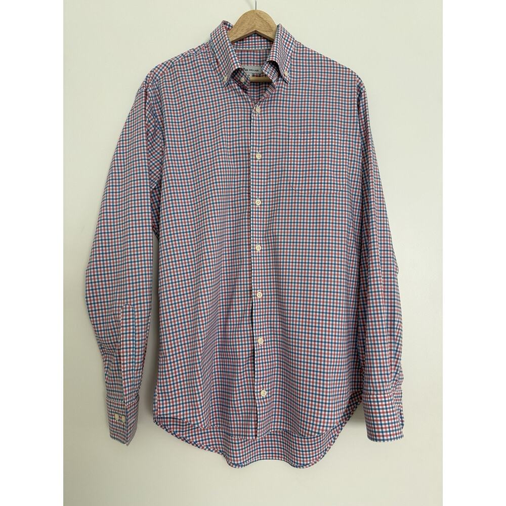 Peter Millar Shirt Mens Medium Blue Pink Crown Light Stretch Parkcity Tattersall
